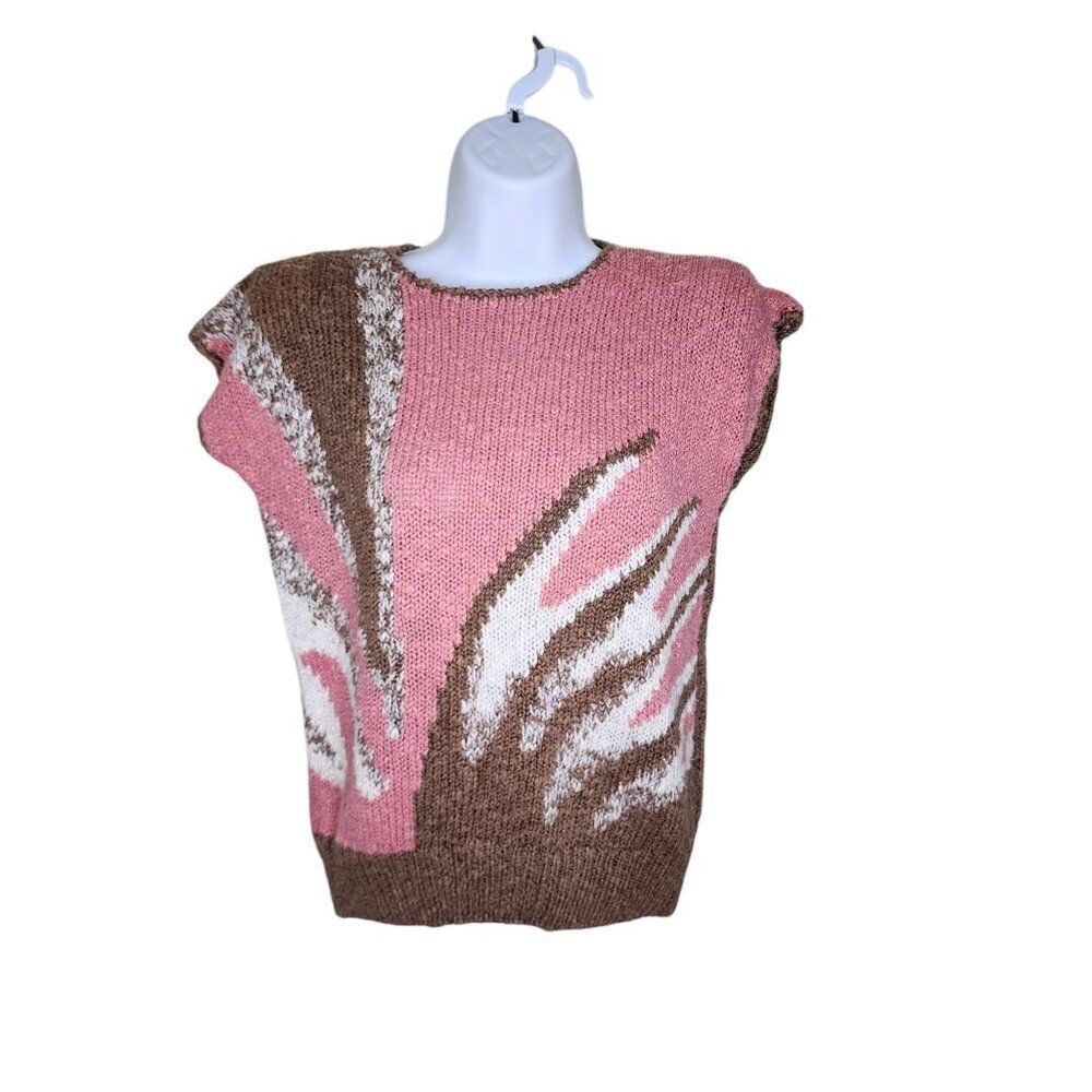 Vintage 80s Sleeveless Sweater Womens Size S Brown and Pink